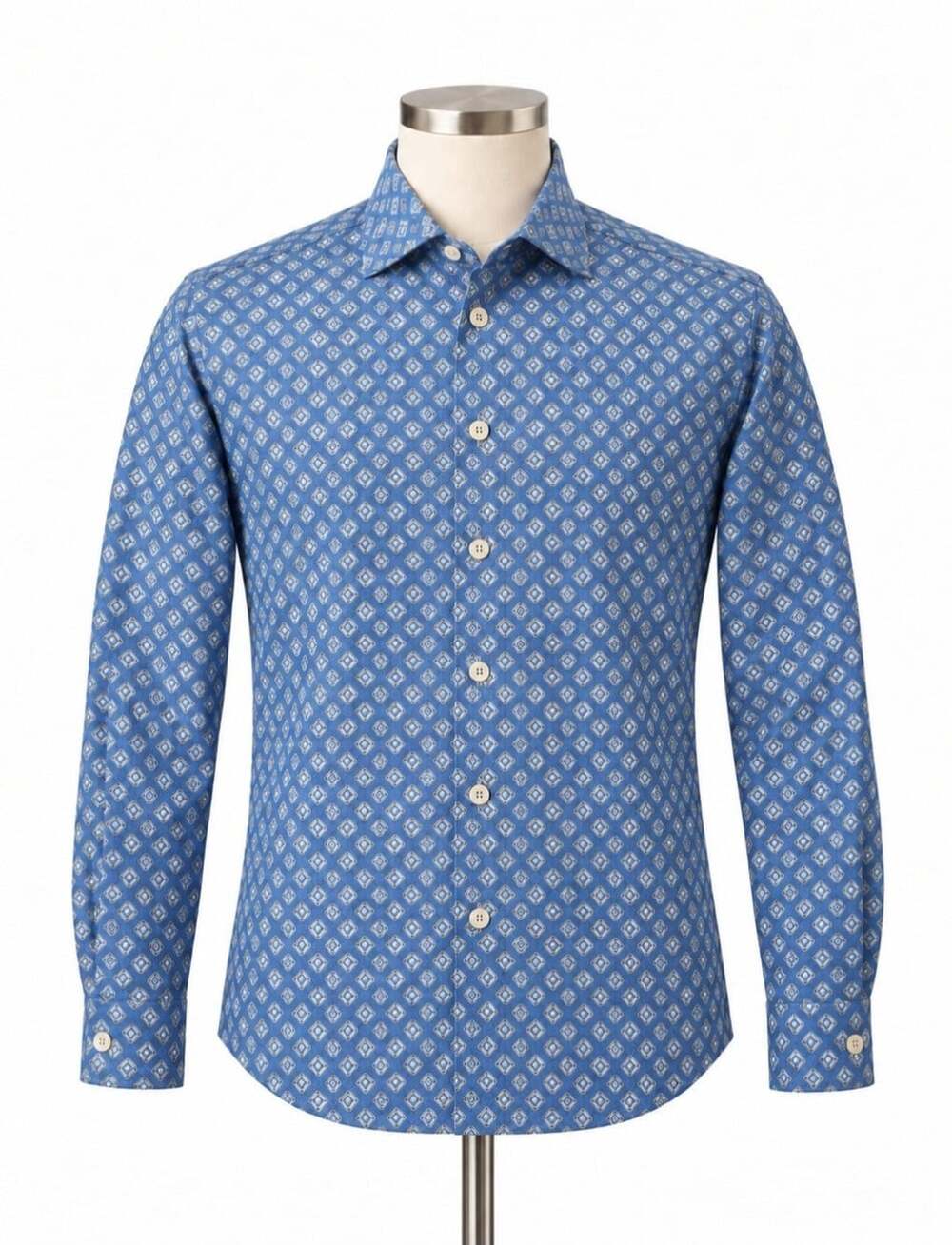 ETRO Milano Men’s 43 Blue Geometric Print Cotton Dress Shirt Made Italy